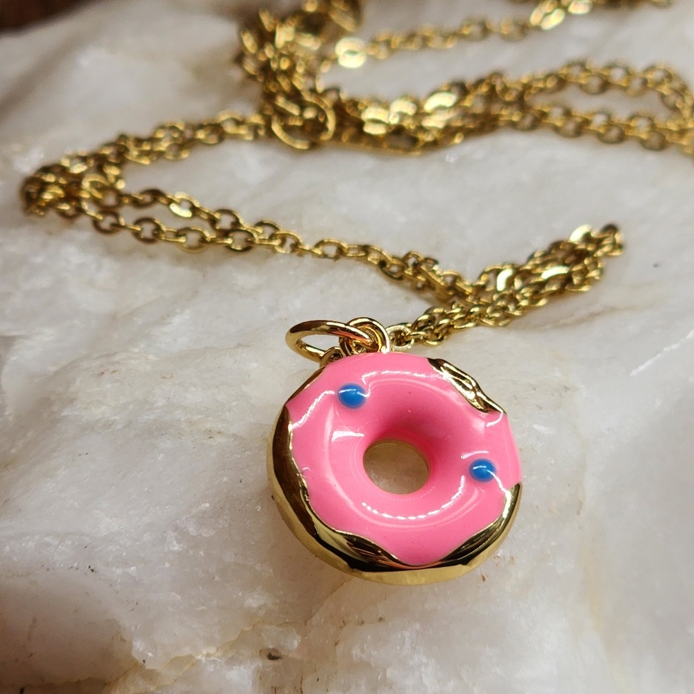 Minimalist Hypoallergenic 14kt Gold Necklace Enameled Donut Pendant